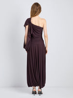 Proenza Schouler Back full length image of model wearing Gabri Dress in Gauzy Pleated Jersey in Aubergine