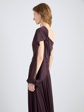 Proenza Schouler Detail image of model wearing Gabri Dress in Gauzy Pleated Jersey in Aubergine