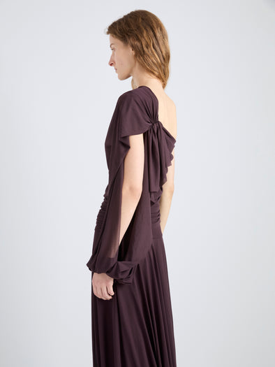 Proenza Schouler Detail image of model wearing Gabri Dress in Gauzy Pleated Jersey in Aubergine