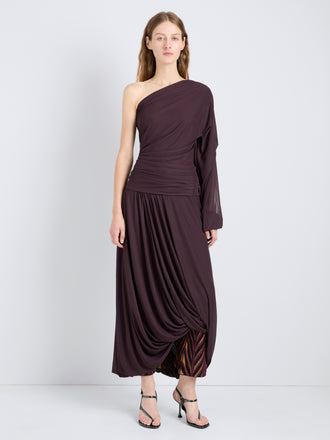 Proenza Schouler Front full length image of model wearing Gabri Dress in Gauzy Pleated Jersey in Aubergine