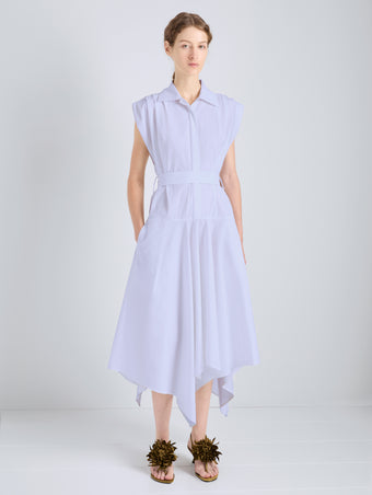 Proenza Schouler Front full length image of model wearing Adinna Dress in Classic Cotton Shirting in Wisteria