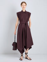 Proenza Schouler Front full length image of model wearing Adinna Dress in Classic Cotton Shirting in Aubergine