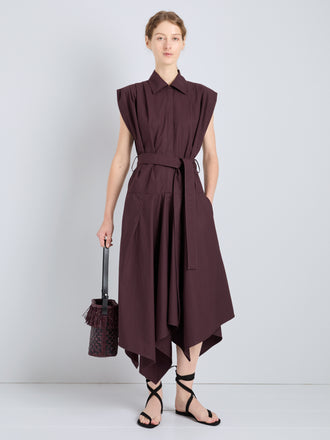 Proenza Schouler Front full length image of model wearing Adinna Dress in Classic Cotton Shirting in Aubergine
