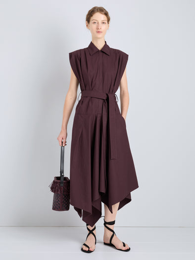 Proenza Schouler Front full length image of model wearing Adinna Dress in Classic Cotton Shirting in Aubergine