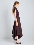 Proenza Schouler Side full length image of model wearing Adinna Dress in Classic Cotton Shirting in Aubergine