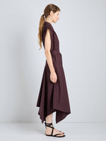 Proenza Schouler Side full length image of model wearing Adinna Dress in Classic Cotton Shirting in Aubergine
