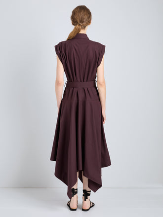 Proenza Schouler Back full length image of model wearing Adinna Dress in Classic Cotton Shirting in Aubergine