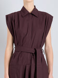 Proenza Schouler Detail image of model wearing Adinna Dress in Classic Cotton Shirting in Aubergine