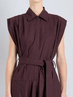 Proenza Schouler Detail image of model wearing Adinna Dress in Classic Cotton Shirting in Aubergine
