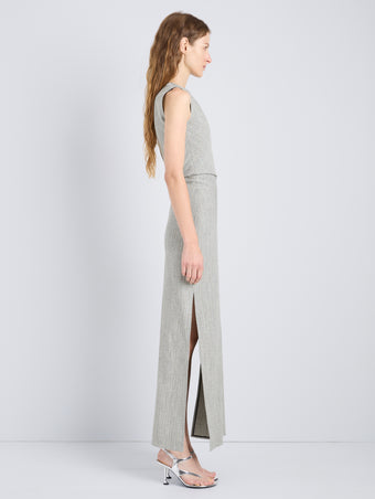 Proenza Schouler Side full length image of model wearing Selene Dress in Static Suiting in PlasterBlack