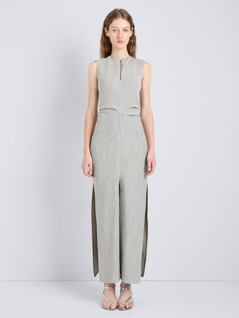 Proenza Schouler Front full length image of model wearing Selene Dress in Static Suiting in Plaster/Black