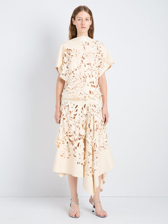 Proenza Schouler Front full length image of model wearing Dima Top in Lacqured Cotton in Almond