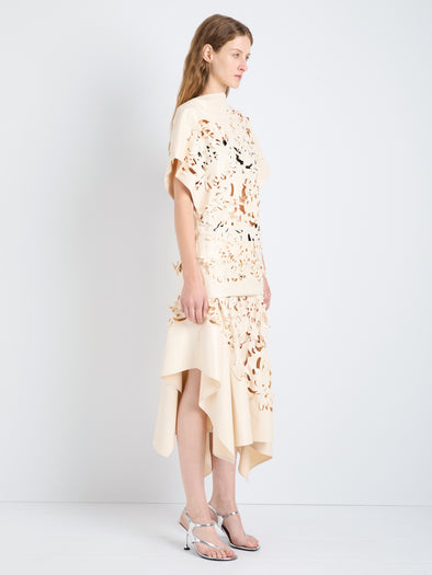 Proenza Schouler Side full length image of model wearing Dima Top in Lacqured Cotton in Almond