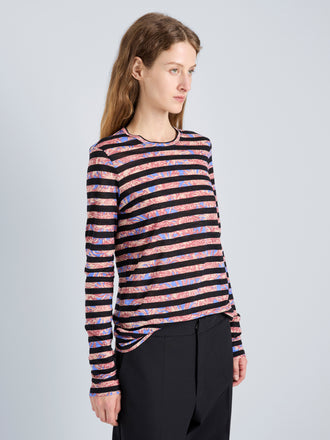 Proenza Schouler Detail image of model wearing Mia Top in Printed Tissue Jersey in Pink Multi