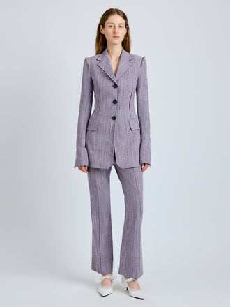Proenza Schouler Front full length image of model wearing Lorenza Pant in Static Suiting in AubergineWhite