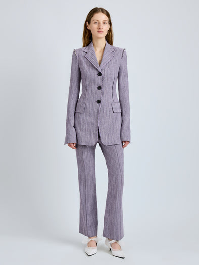 Proenza Schouler Front full length image of model wearing Lorenza Pant in Static Suiting in AubergineWhite