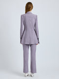 Proenza Schouler Back full length image of model wearing Lorenza Pant in Static Suiting in AubergineWhite