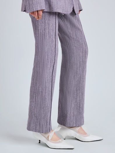Proenza Schouler Detail image of model wearing Lorenza Pant in Static Suiting in AubergineWhite