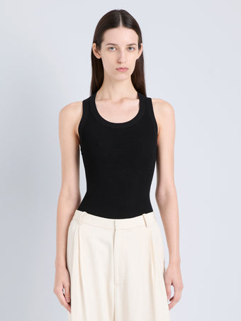 Proenza Schouler Front cropped image of model wearing Roberts Tank in Matte Viscose Rib in Black