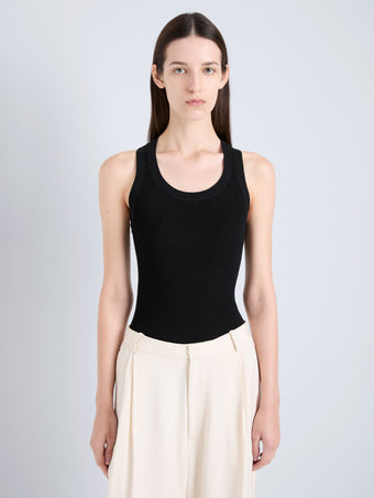 Proenza Schouler Detail image of model wearing Roberts Tank in Matte Viscose Rib in Black
