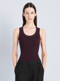 Proenza Schouler Front cropped image of model wearing Roberts Tank in Matte Viscose Rib in Aubergine 