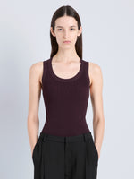 Proenza Schouler Front cropped image of model wearing Roberts Tank in Matte Viscose Rib in Aubergine 