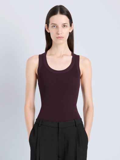 Proenza Schouler Front cropped image of model wearing Roberts Tank in Matte Viscose Rib in Aubergine 