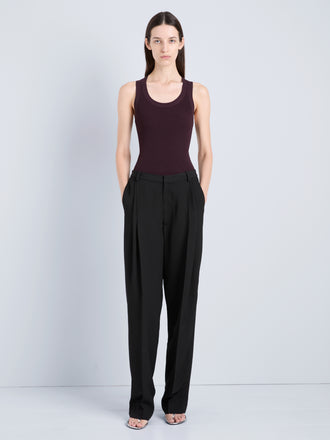 Proenza Schouler Front full length image of model wearing Roberts Tank in Matte Viscose Rib in Aubergine 