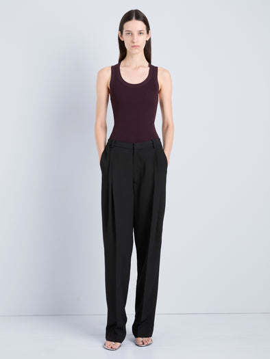 Proenza Schouler Front full length image of model wearing Roberts Tank in Matte Viscose Rib in Aubergine 