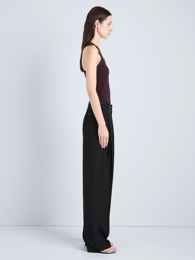 Proenza Schouler Side full length image of model wearing Roberts Tank in Matte Viscose Rib in Aubergine 