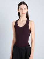 Proenza Schouler Detail image of model wearing Roberts Tank in Matte Viscose Rib in Aubergine 
