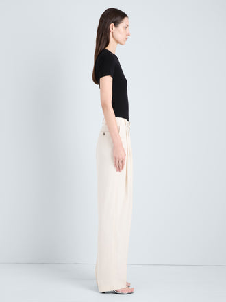 Proenza Schouler Side full length image of model wearing Sky Top in Matte Viscose Rib in Black