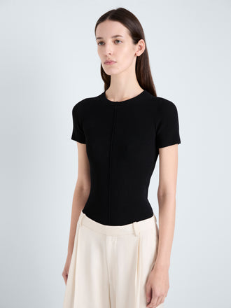 Proenza Schouler Detail image of model wearing Sky Top in Matte Viscose Rib in Black