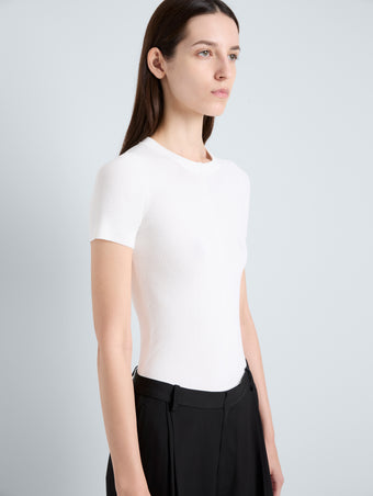 Proenza Schouler Detail image of model wearing Sky Top in Matte Viscose Rib in White 