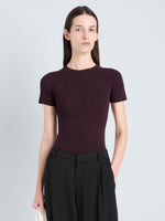 Proenza Schouler Front cropped image of model wearing Sky Top in Matte Viscose Rib in Aubergine 