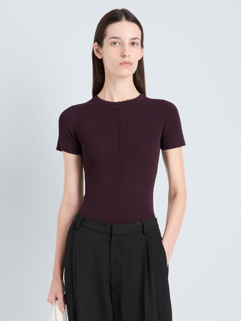 Proenza Schouler Front cropped image of model wearing Sky Top in Matte Viscose Rib in Aubergine 