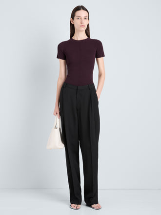 Proenza Schouler Front full length image of model wearing Sky Top in Matte Viscose Rib in Aubergine 