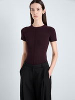 Proenza Schouler Detail image of model wearing Sky Top in Matte Viscose Rib in Aubergine 