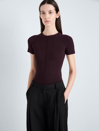 Proenza Schouler Detail image of model wearing Sky Top in Matte Viscose Rib in Aubergine 
