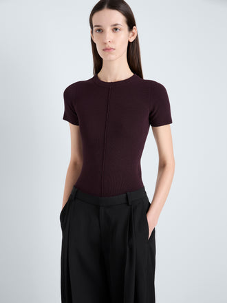 Proenza Schouler Detail image of model wearing Sky Top in Matte Viscose Rib in Aubergine 