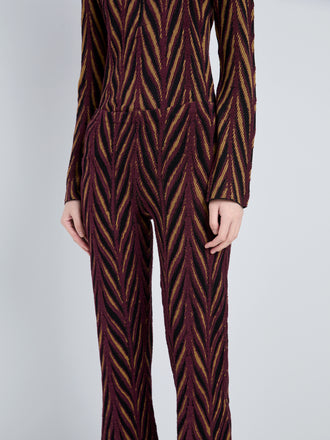 Proenza Schouler Detail image of model wearing Amelia Pant in Marble Jacquard in Plum Multi