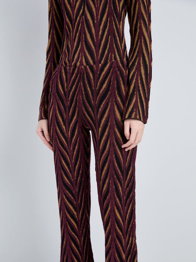 Proenza Schouler Detail image of model wearing Amelia Pant in Marble Jacquard in Plum Multi
