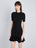 Proenza Schouler Detail image of model wearing Leandra Dress in Viscose Ribbed Godet in Black