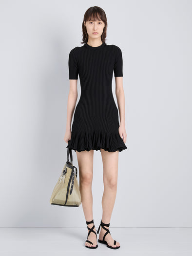 Proenza Schouler Front full length image of model wearing Leandra Dress in Viscose Ribbed Godet in Black