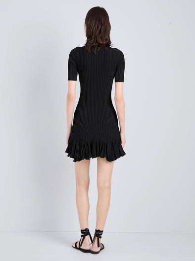 Proenza Schouler Back full length image of model wearing Leandra Dress in Viscose Ribbed Godet in Black