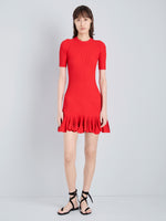 Proenza Schouler Front full length image of model wearing Leandra Dress in Viscose Ribbed Godet in Red