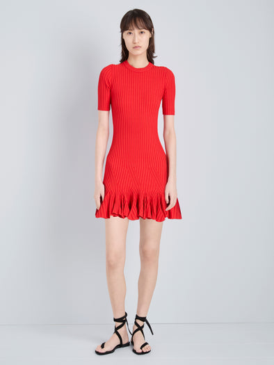 Proenza Schouler Front full length image of model wearing Leandra Dress in Viscose Ribbed Godet in Red