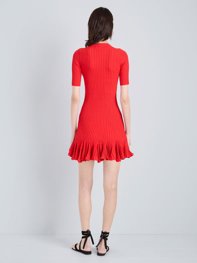 Proenza Schouler Back full length image of model wearing Leandra Dress in Viscose Ribbed Godet in Red
