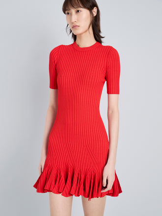 Proenza Schouler Detail image of model wearing Leandra Dress in Viscose Ribbed Godet in Red