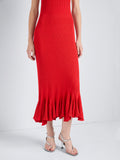 Proenza Schouler Detail image of model wearing Giuditta Dress in Viscose Ribbed Godet in Red